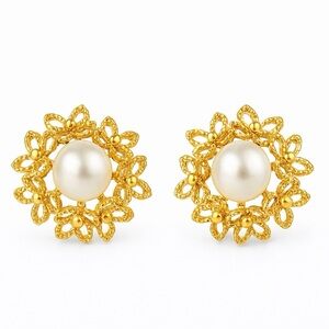 Gold Floral Earrings with Pearl Center